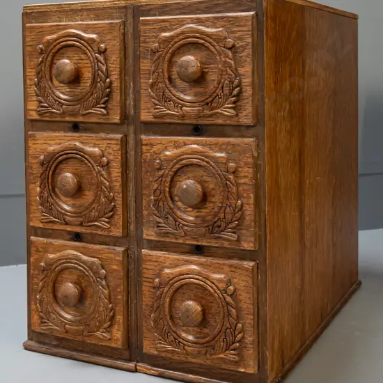 set of 6 oak laminate drawers from a Singer treadle sewing machine base - 2 units joined together with added plywood top