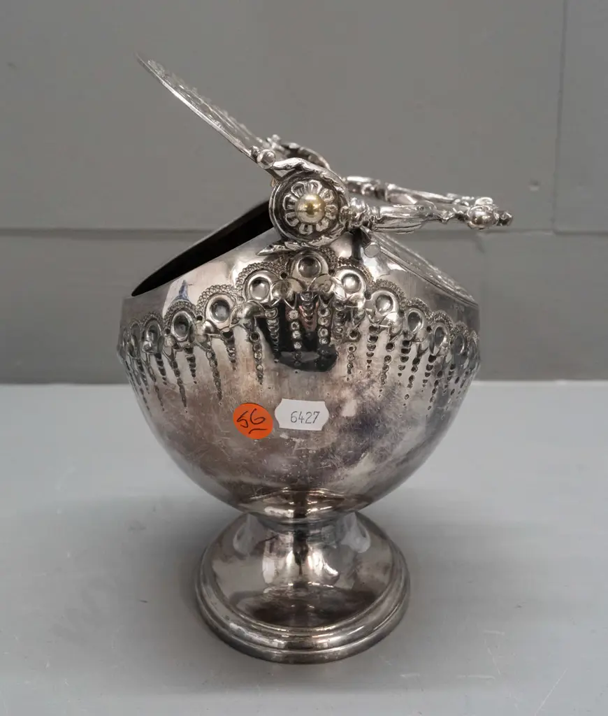 silver plated double lidded large sugar bowl - footed design with top handle acting as lid-opener H-250 W-200 Image 1++