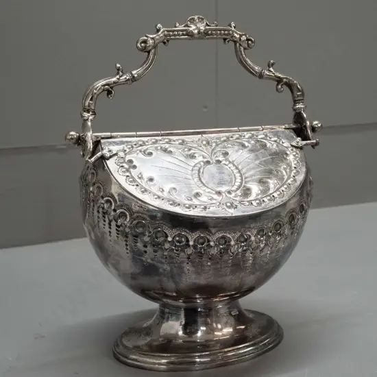 silver plated double lidded large sugar bowl - footed design with top handle acting as lid-opener H-250 W-200