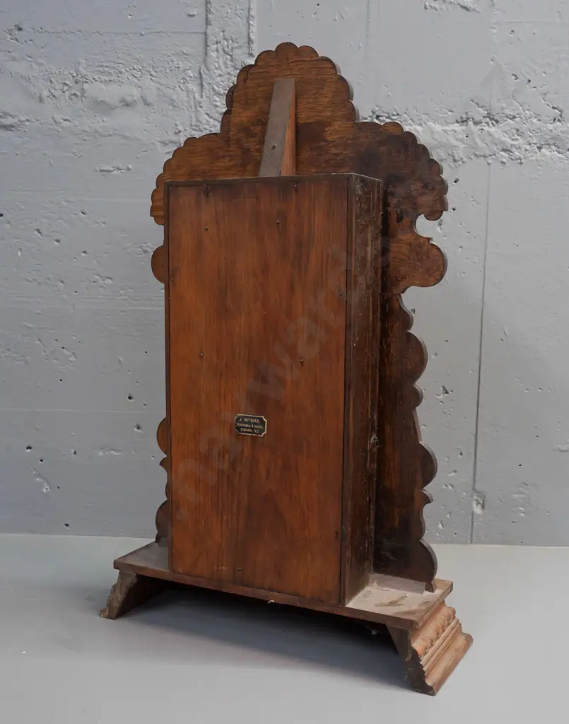 Ansonia USA mantel clock in carved & decorated walnut cased with etched glass in door - has old J. McNab Timaru label on Image 1++