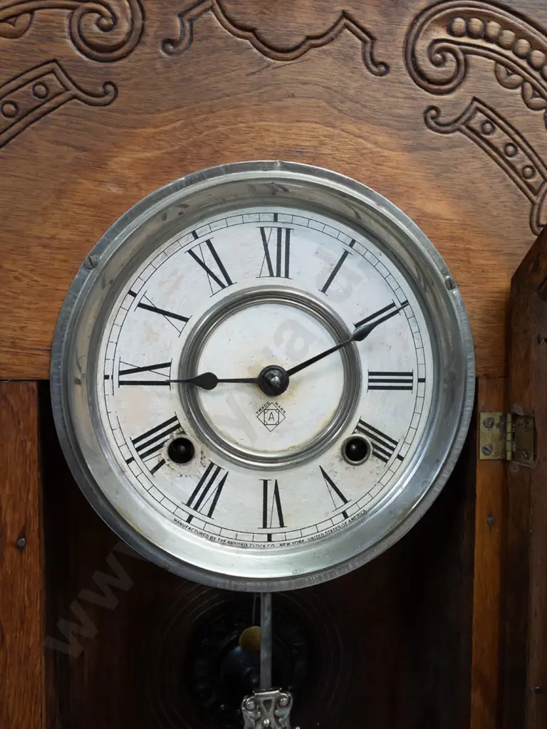 Ansonia USA mantel clock in carved & decorated walnut cased with etched glass in door - has old J. McNab Timaru label on Image 1++