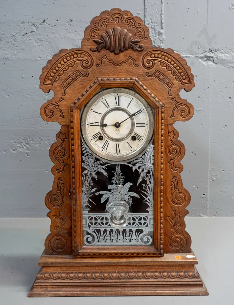 Ansonia USA mantel clock in carved & decorated walnut cased with etched glass in door - has old J. McNab Timaru label on Image 1++
