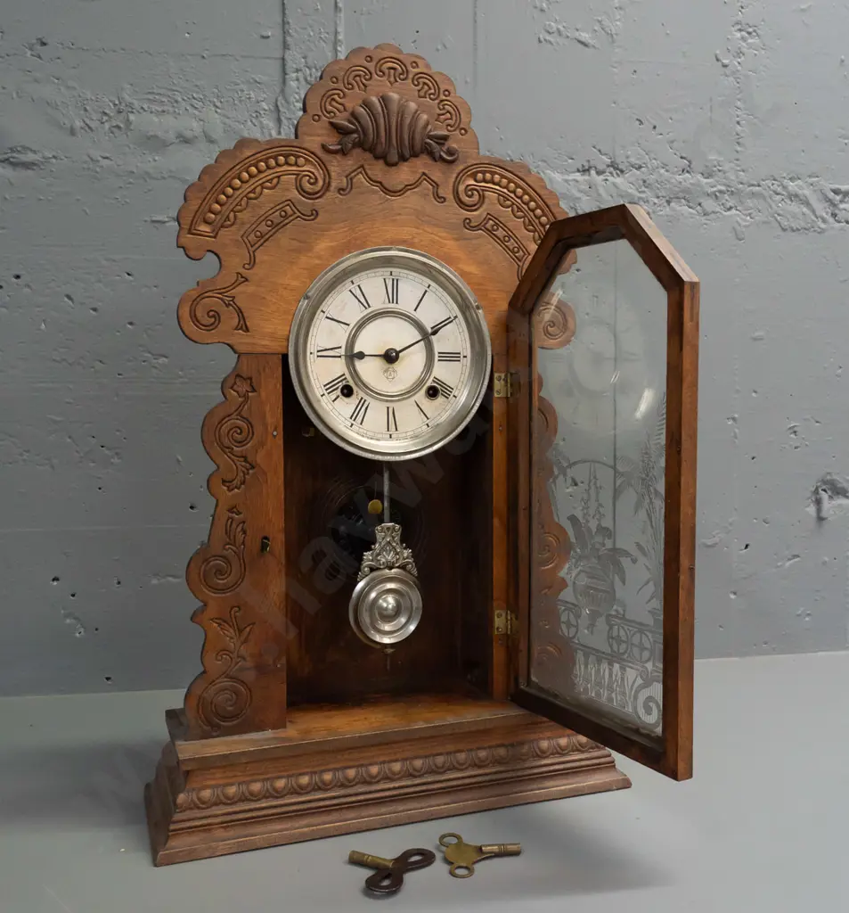Ansonia USA mantel clock in carved & decorated walnut cased with etched glass in door - has old J. McNab Timaru label on Image 1++