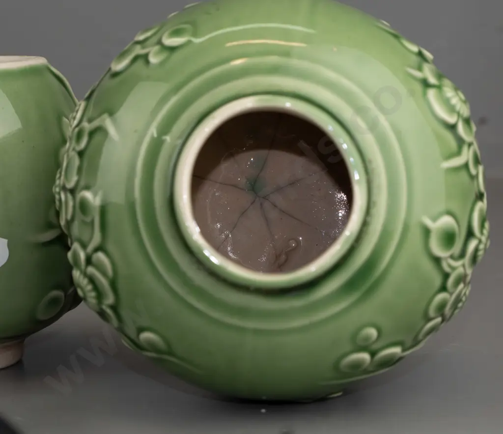 2 green glaze (Crown Lynn?) lidded ginger jars marked "China Kienhua" - smaller has obvious repairs to lid, larger has Image 1++