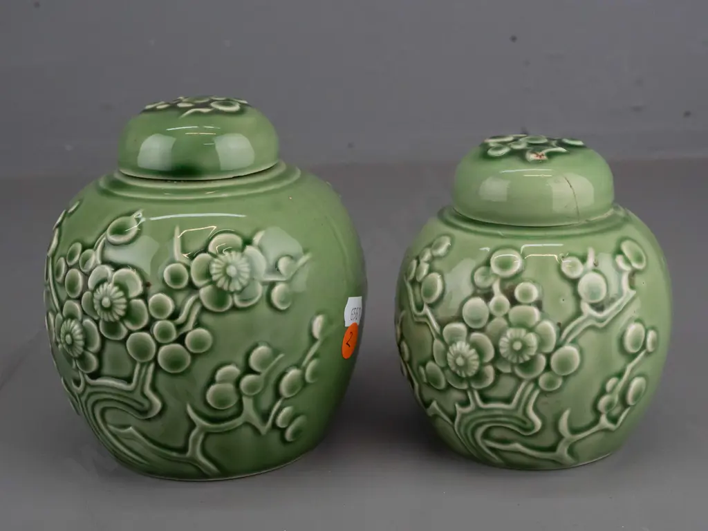2 green glaze (Crown Lynn?) lidded ginger jars marked "China Kienhua" - smaller has obvious repairs to lid, larger has Image 1++