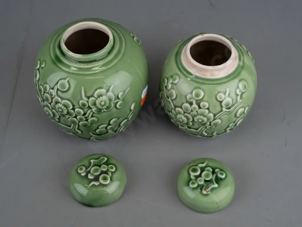 2 green glaze (Crown Lynn?) lidded ginger jars marked "China Kienhua" - smaller has obvious repairs to lid, larger has Image 1++