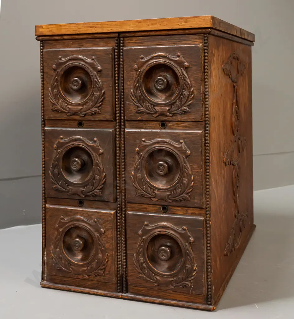 set of 6 oak laminate drawers from a Singer treadle sewing machine base - 2 units joined together with oak laminate top, Image 1++