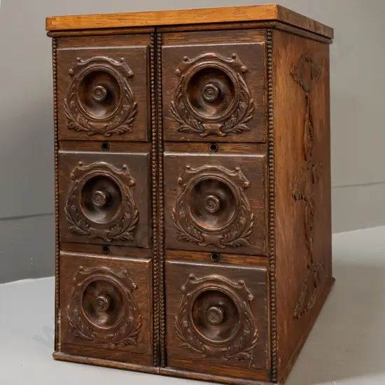 set of 6 oak laminate drawers from a Singer treadle sewing machine base - 2 units joined together with oak laminate top,