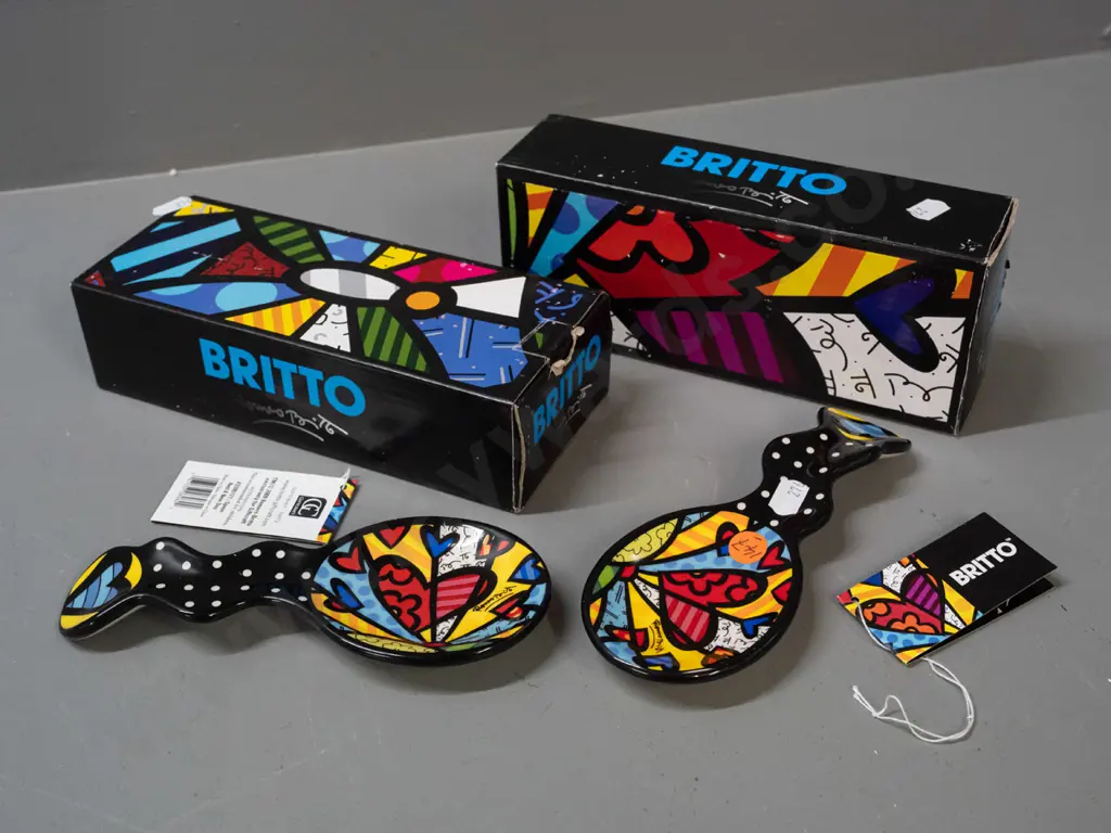 2 Romero Britto "New Day" pattern spoon rests with original boxes and hang tags L-180 Image 1++