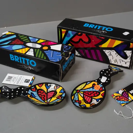2 Romero Britto "New Day" pattern spoon rests with original boxes and hang tags L-180