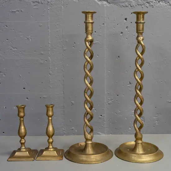 2 pairs of Victorian brass candlesticks - large pair open twist H-465 and a small pair on square base - overall