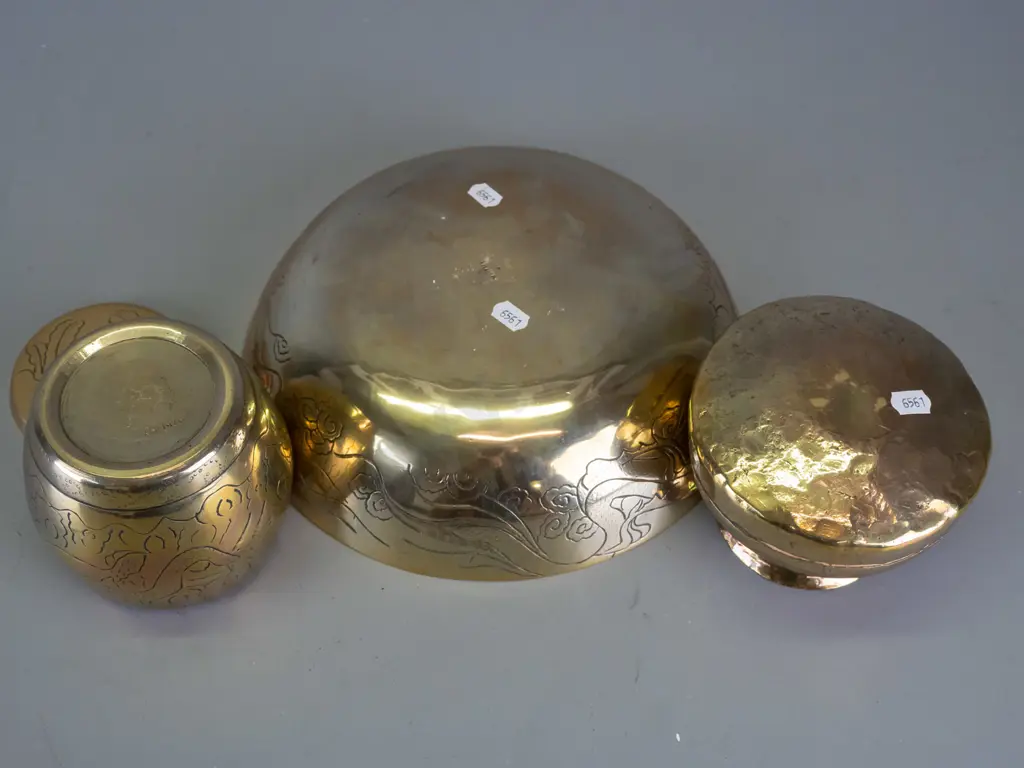 3 brass items - beaten and polished vase or pot, marked 2949K under rim, and Chinese polished and engraved dragon motif Image 1++