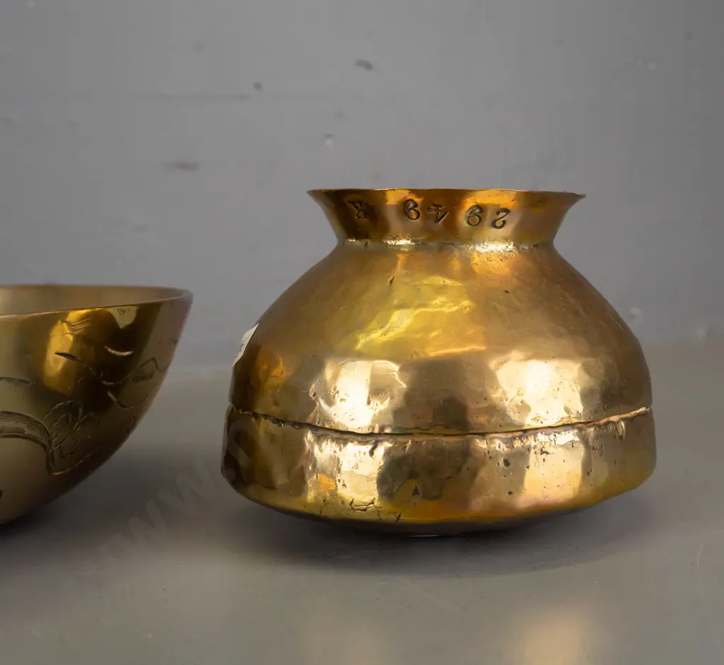 3 brass items - beaten and polished vase or pot, marked 2949K under rim, and Chinese polished and engraved dragon motif Image 1++