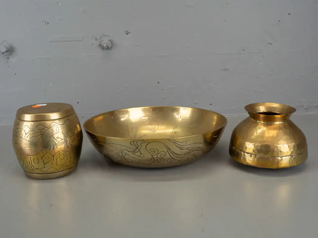 3 brass items - beaten and polished vase or pot, marked 2949K under rim, and Chinese polished and engraved dragon motif Image 1++