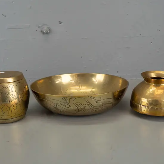 3 brass items - beaten and polished vase or pot, marked 2949K under rim, and Chinese polished and engraved dragon motif