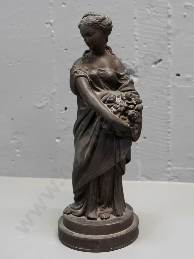 small cast spelter figure - classical style woman with flowers, no maker's marks H-270 Image 1++