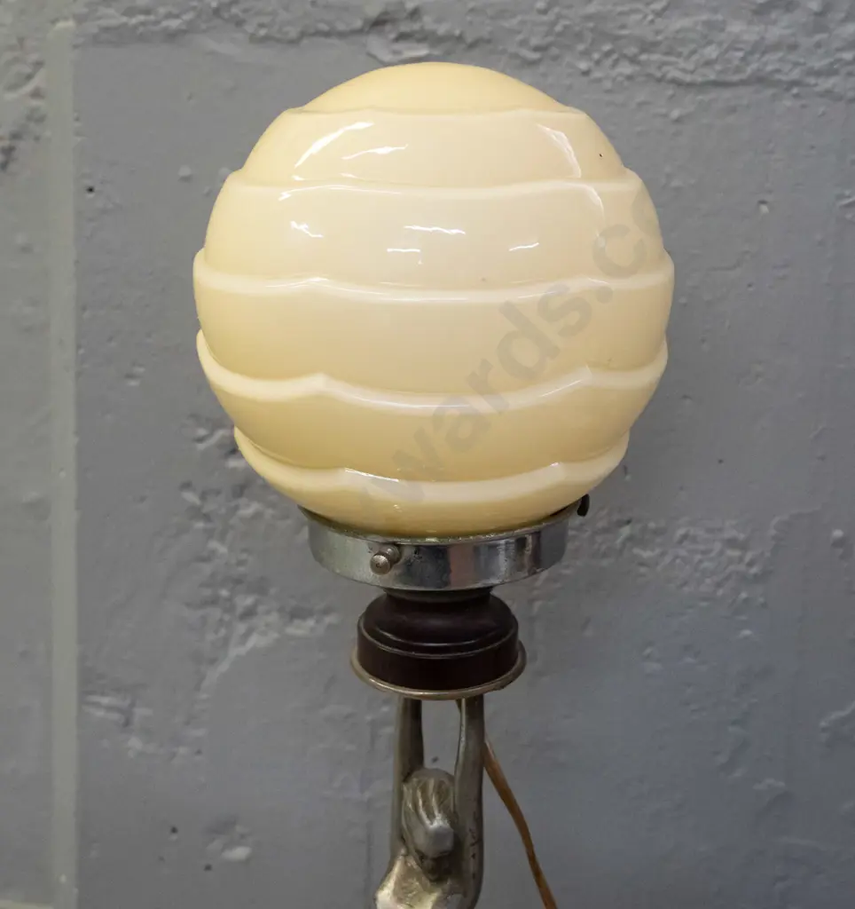 art deco style figural table lamp base  - cast metal female figure, chrome base and journal, stepped ivory coloured Image 1++