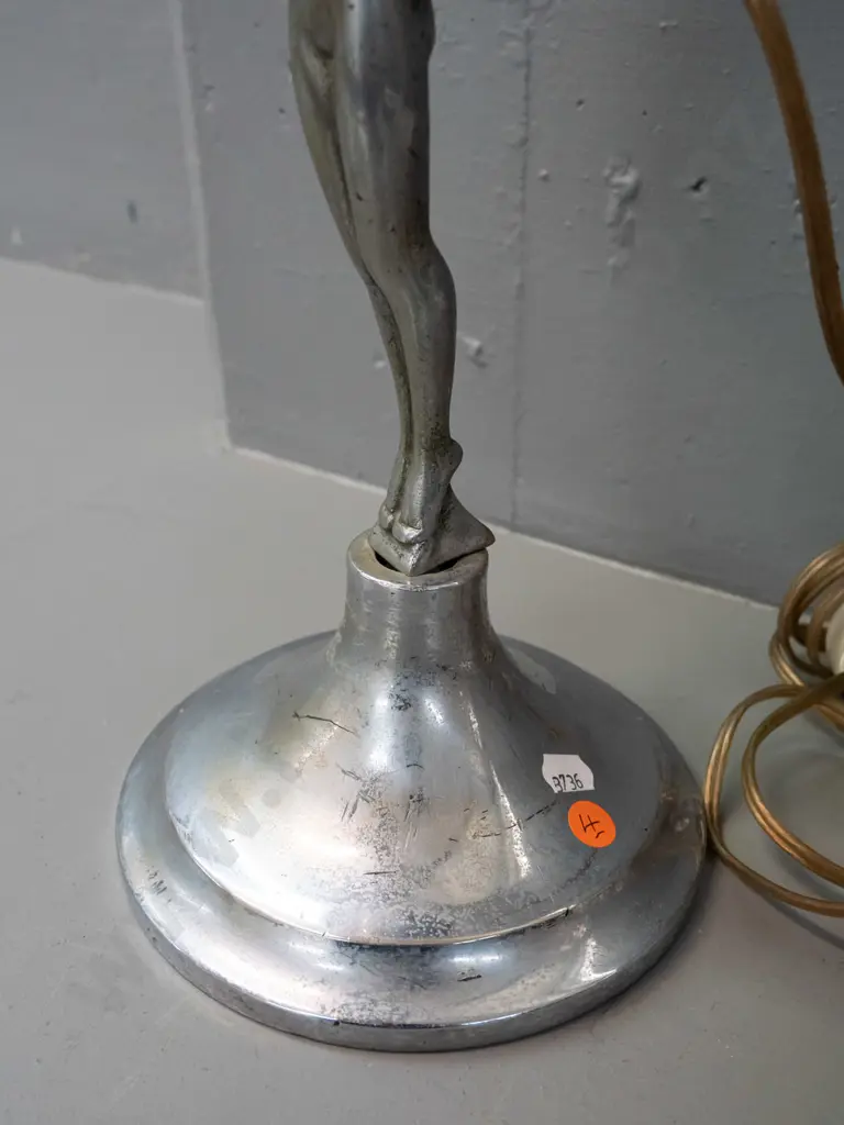 art deco style figural table lamp base  - cast metal female figure, chrome base and journal, stepped ivory coloured Image 1++