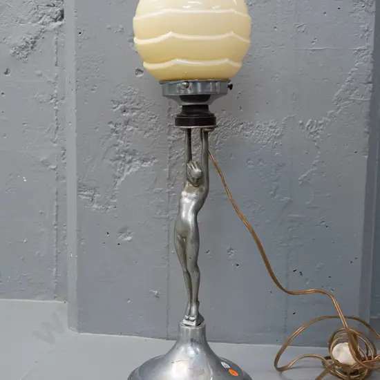 art deco style figural table lamp base  - cast metal female figure, chrome base and journal, stepped ivory coloured
