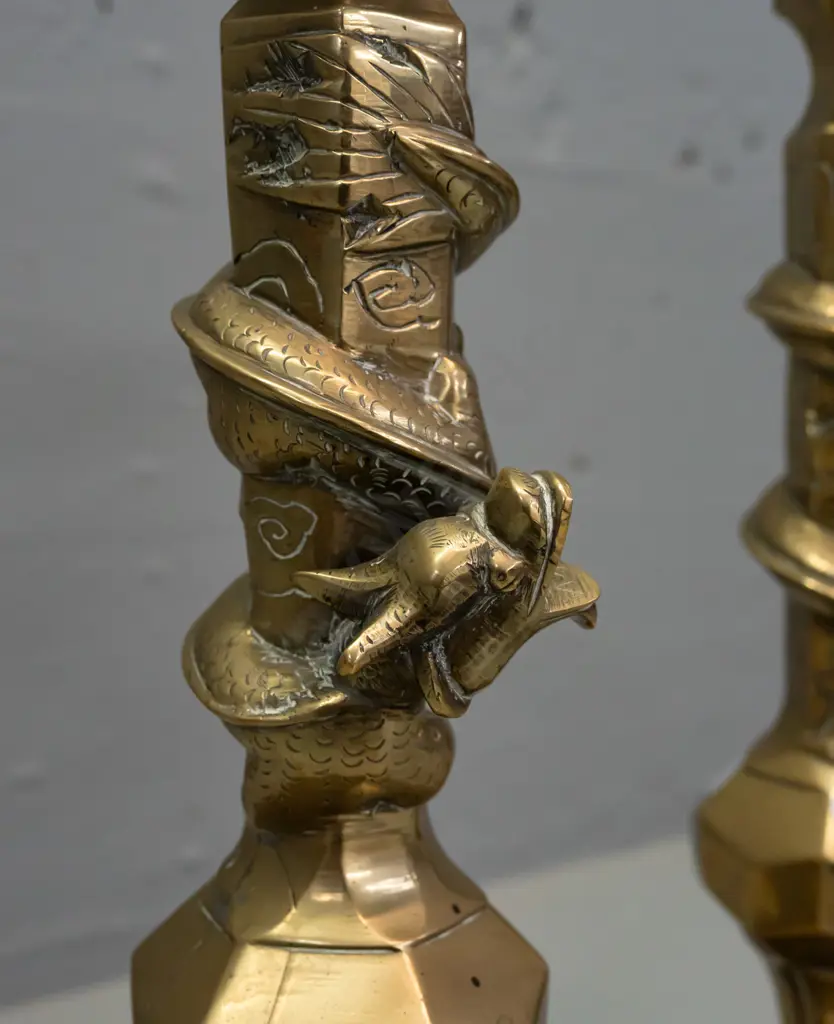 pair of brass candlesticks w/ engraved designs & intertwined dragons, petal shaped sconces H-320 Image 1++