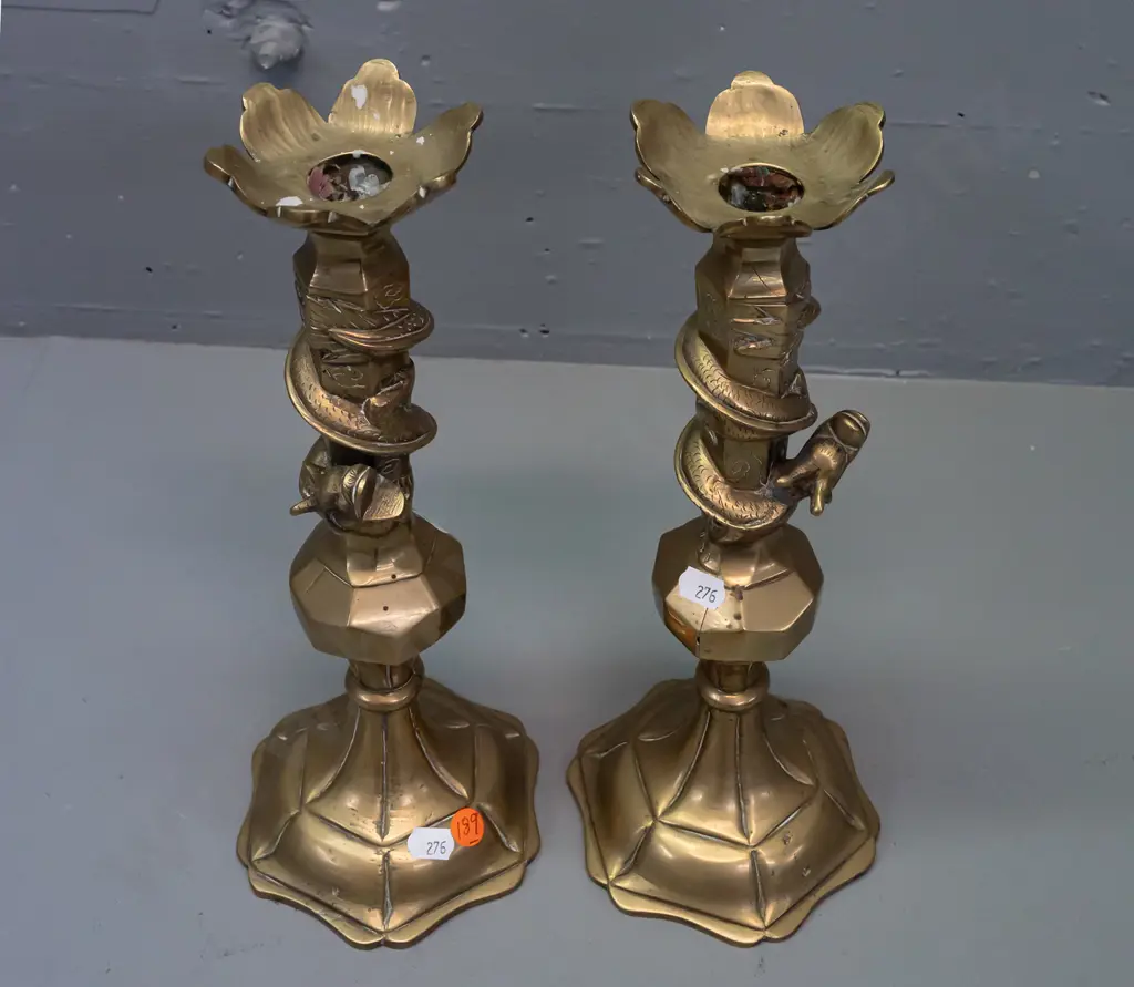 pair of brass candlesticks w/ engraved designs & intertwined dragons, petal shaped sconces H-320 Image 1++