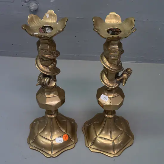 pair of brass candlesticks w/ engraved designs & intertwined dragons, petal shaped sconces H-320
