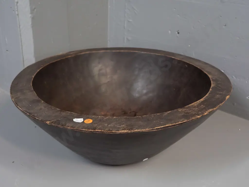 large carved wooden bowl - very light timber, dark stained H-190 Diameter 500 Image 1++