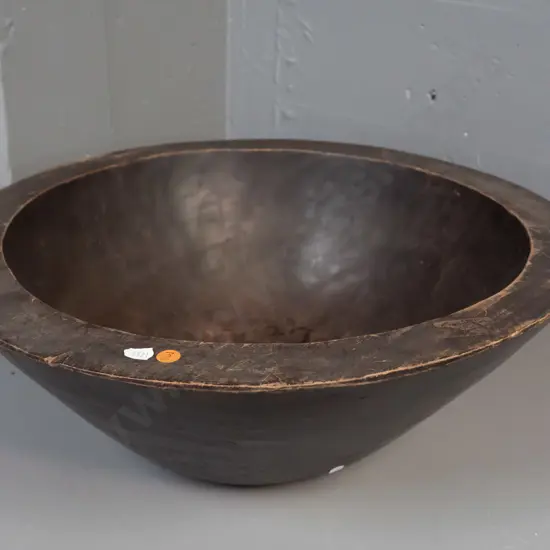 large carved wooden bowl - very light timber, dark stained H-190 Diameter 500