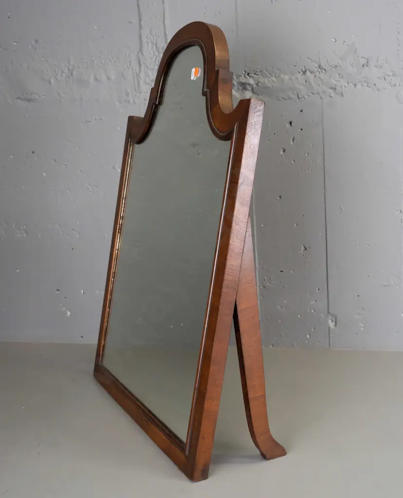 vintage dressing table mirror with shaped frame, veneered and beaded front, 2 leg props - some cracking to veneer and Image 1++
