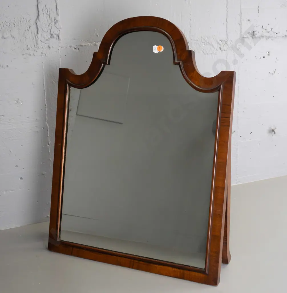 vintage dressing table mirror with shaped frame, veneered and beaded front, 2 leg props - some cracking to veneer and Image 1++