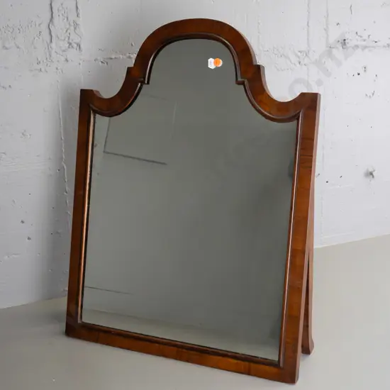 vintage dressing table mirror with shaped frame, veneered and beaded front, 2 leg props - some cracking to veneer and