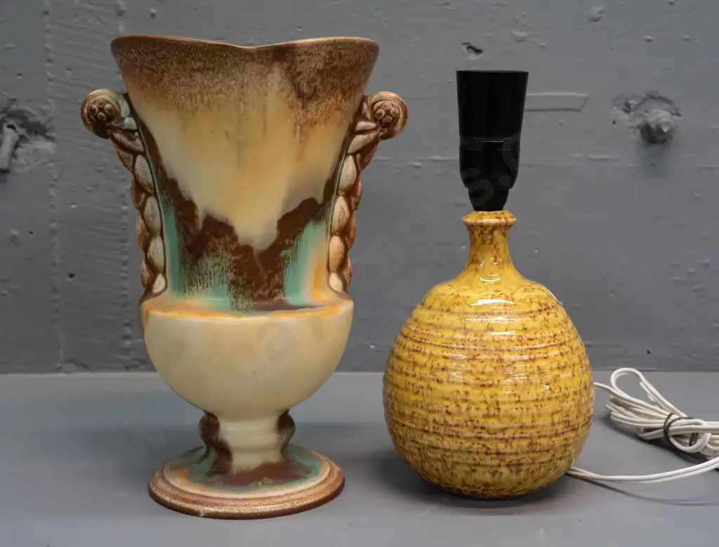 trickle glaze ribbed pottery lamp base - loose fitting - and a Czechoslovakian multi colour urn vase with shaped lobe Image 1++