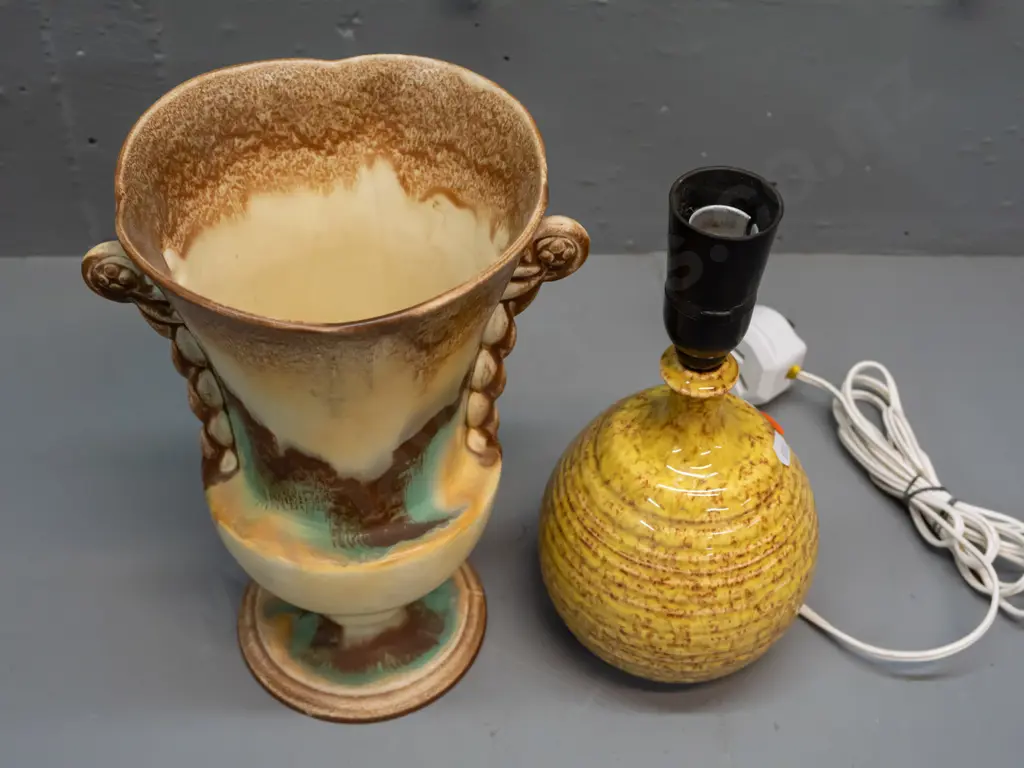 trickle glaze ribbed pottery lamp base - loose fitting - and a Czechoslovakian multi colour urn vase with shaped lobe Image 1++