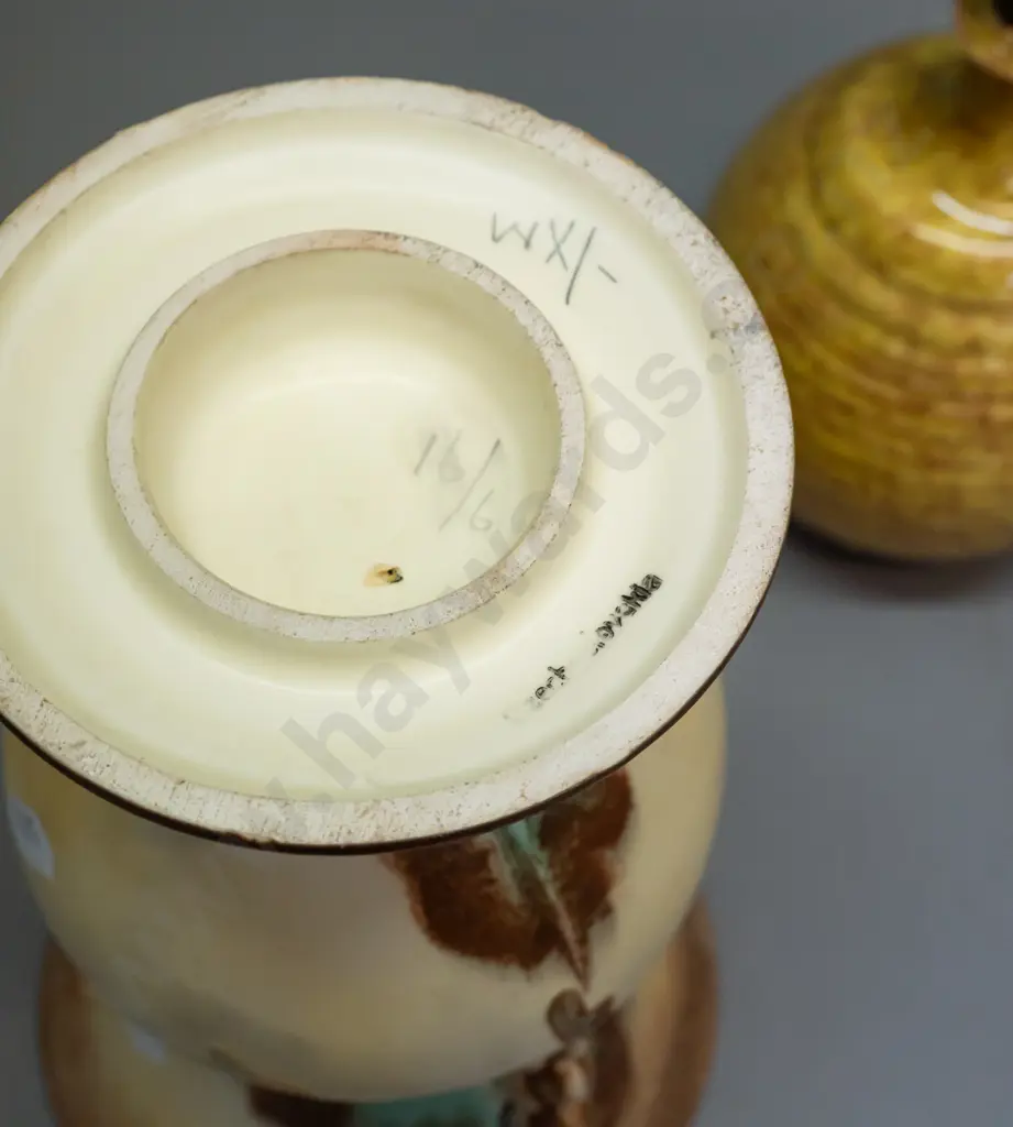 trickle glaze ribbed pottery lamp base - loose fitting - and a Czechoslovakian multi colour urn vase with shaped lobe Image 1++