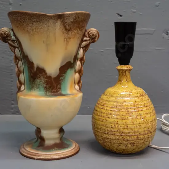 trickle glaze ribbed pottery lamp base - loose fitting - and a Czechoslovakian multi colour urn vase with shaped lobe