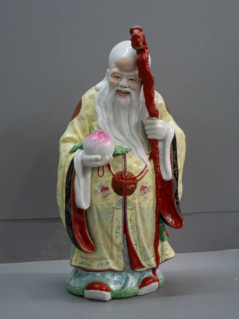 large Chinese hand painted figure, character marks on base, loose staff held in place with bluetac - H-500 W-260 Image 1++