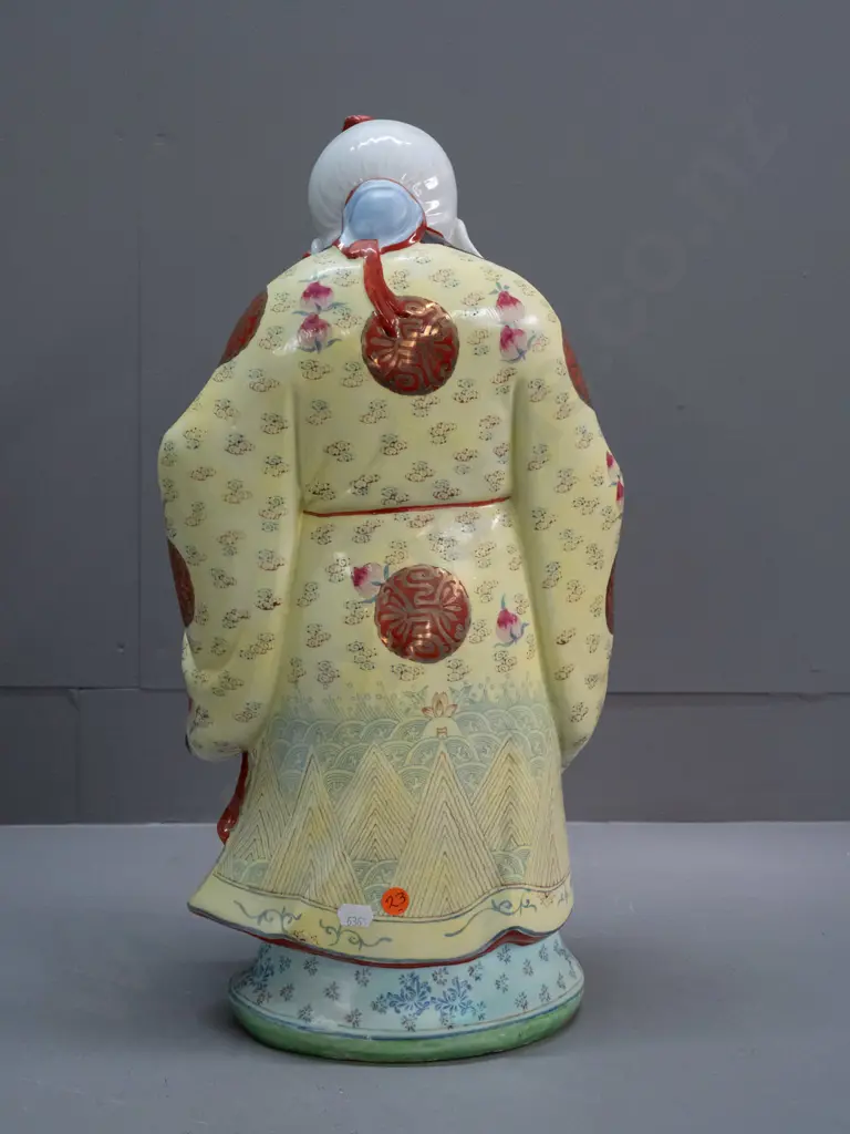 large Chinese hand painted figure, character marks on base, loose staff held in place with bluetac - H-500 W-260 Image 1++