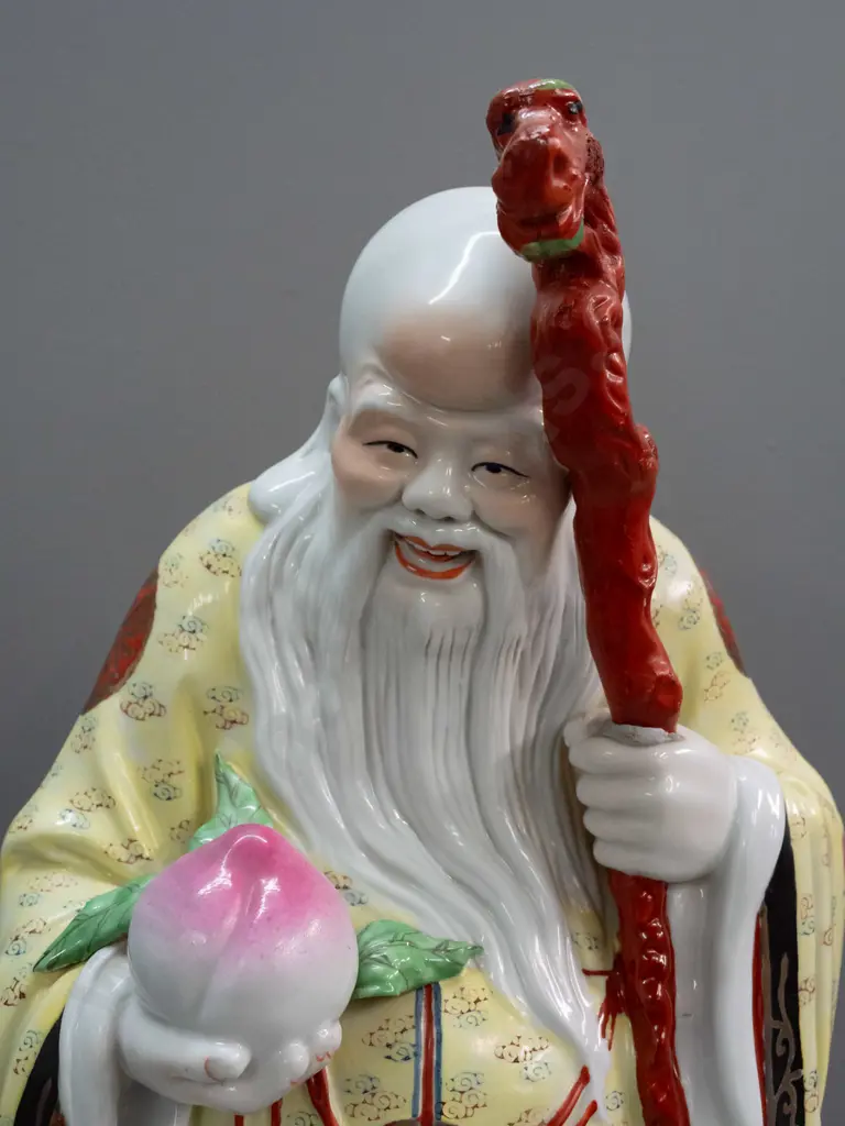 large Chinese hand painted figure, character marks on base, loose staff held in place with bluetac - H-500 W-260 Image 1++