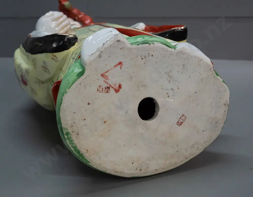 large Chinese hand painted figure, character marks on base, loose staff held in place with bluetac - H-500 W-260 Image 1++