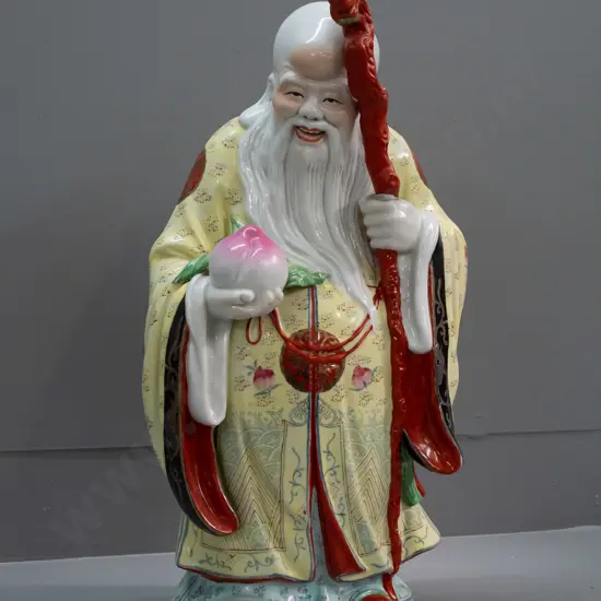 large Chinese hand painted figure, character marks on base, loose staff held in place with bluetac - H-500 W-260