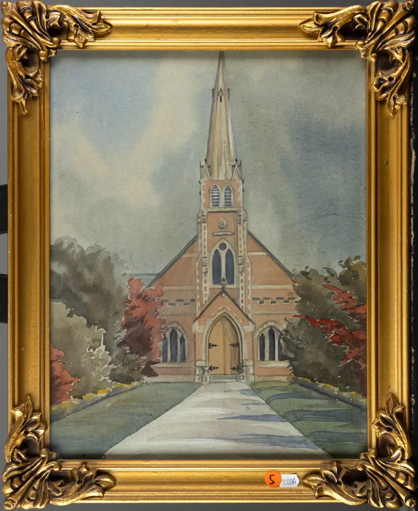 Audrey Bascand - framed watercolour - church H340 W260 Image 1++