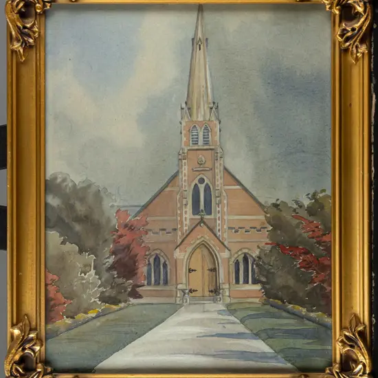 Audrey Bascand - framed watercolour - church H340 W260
