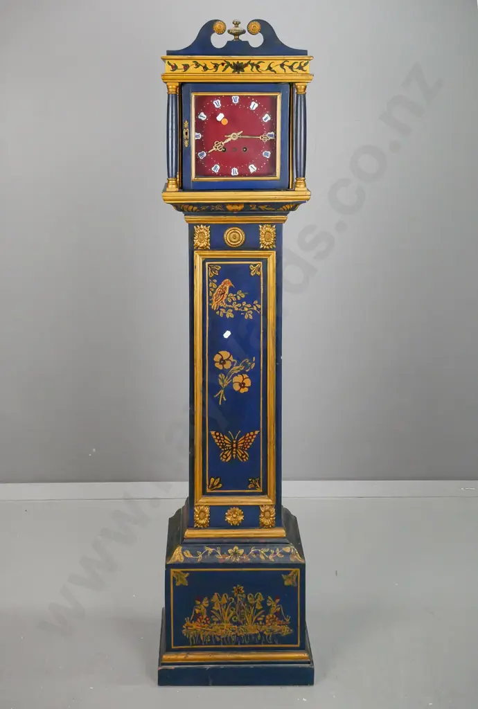 small French style long-case clock with folk-art painted case with applied brass decoration, enamel numbers on Image 1++