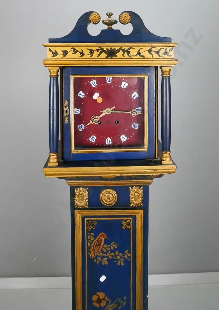 small French style long-case clock with folk-art painted case with applied brass decoration, enamel numbers on Image 1++