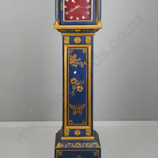 small French style long-case clock with folk-art painted case with applied brass decoration, enamel numbers on