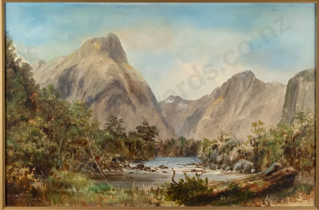 EE Packer 1893 - framed oil on board "Darren Mountains Milford Sound" H300 W450 Image 1++