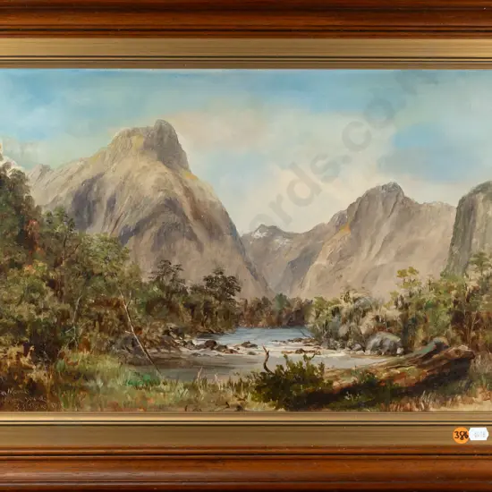 EE Packer 1893 - framed oil on board "Darren Mountains Milford Sound" H300 W450