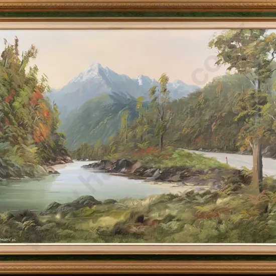 Don Parlane 85 - framed oil on board "Road to Okarita" H590 W900