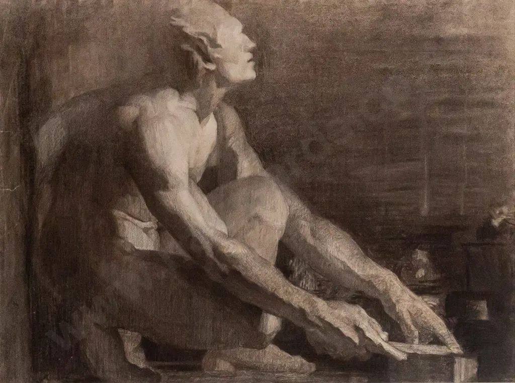 framed 19th century French pencil - male portrait H450 W610 Image 1++