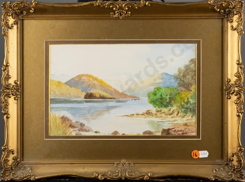 illegible signature - framed watercolour - lake & mountain scene H-160 W-250 Image 1++
